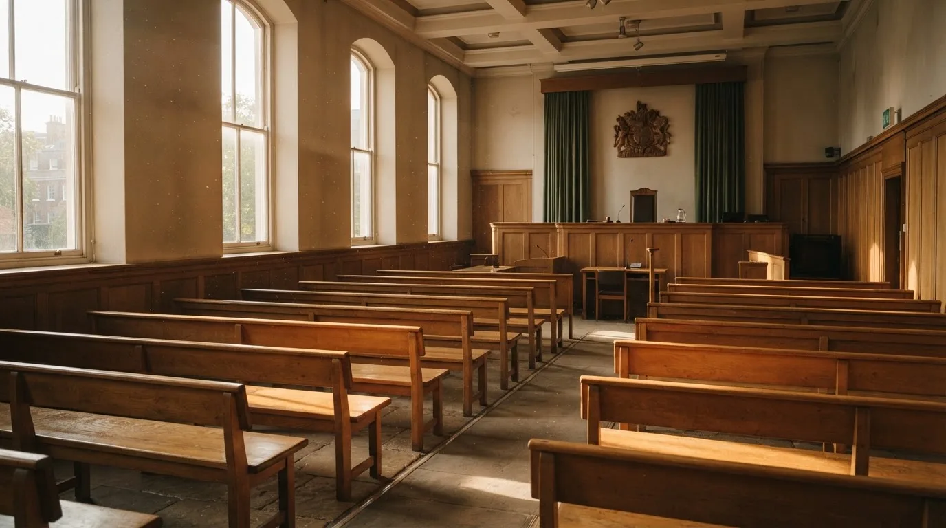 An empty courtroom with wooden benches in morning light