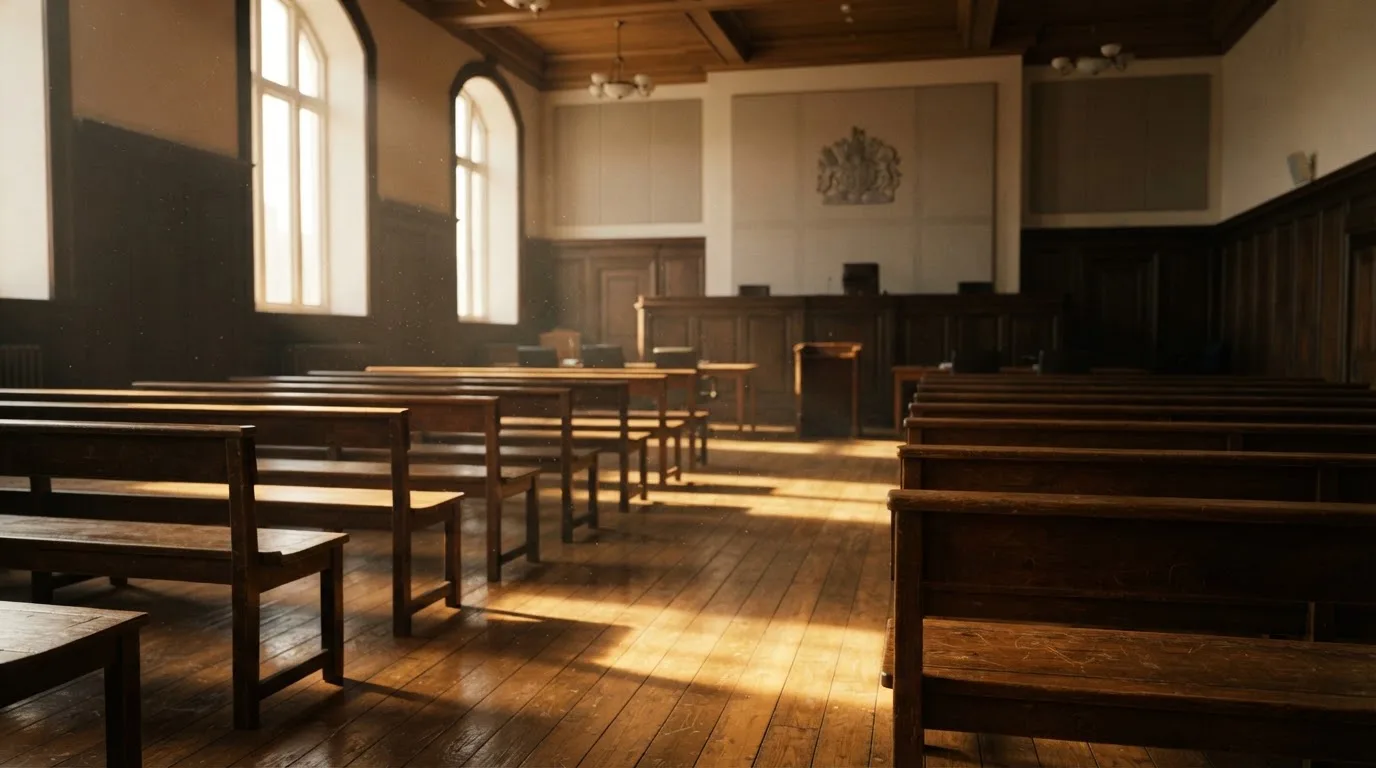 An empty courtroom with wooden benches in morning light