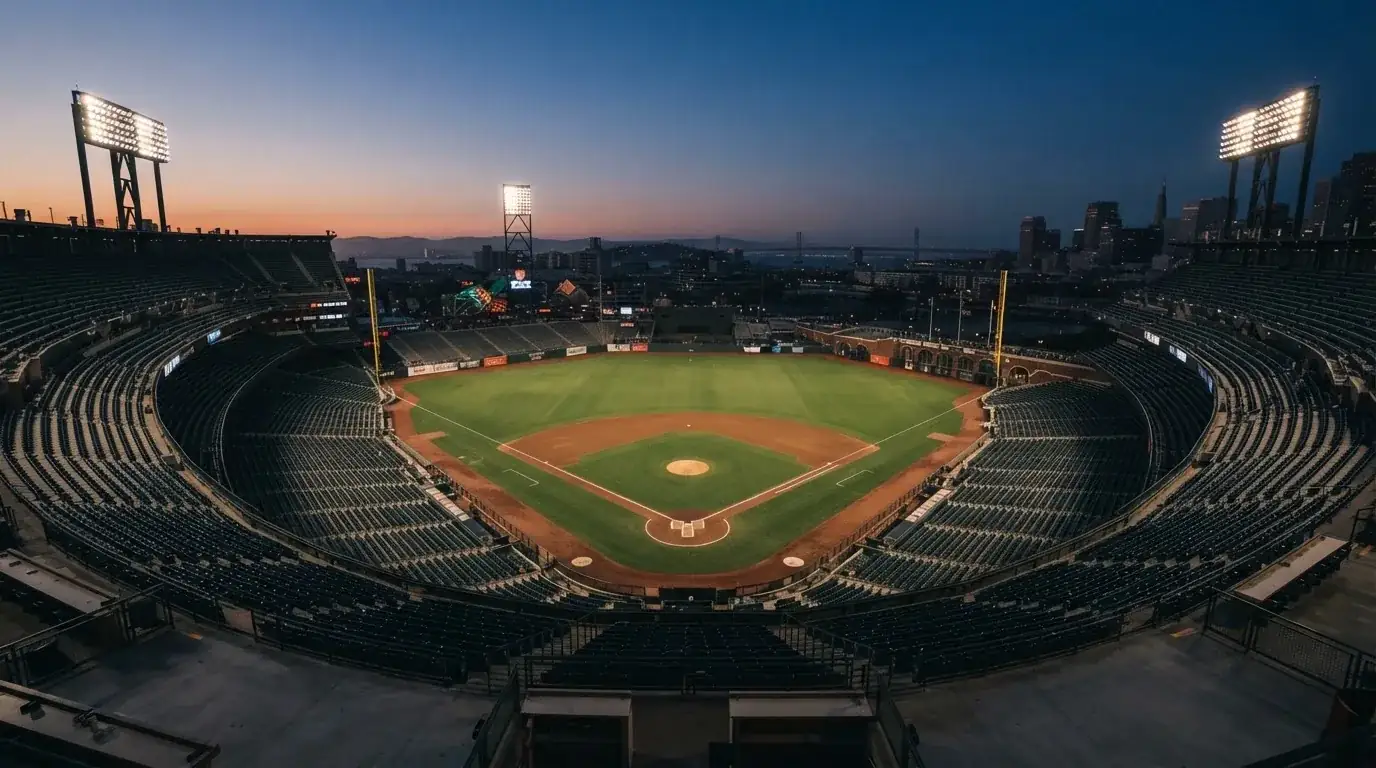 An empty football stadium with floodlight masts at dusk