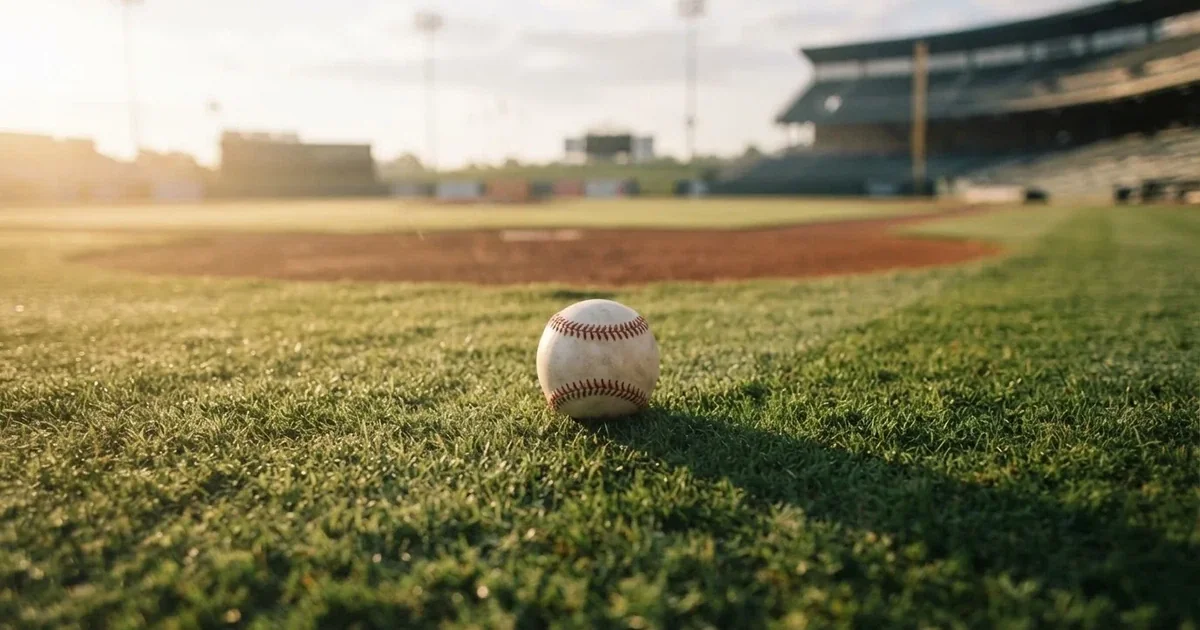 A ball on the centre spot of a grass pitch in morning light