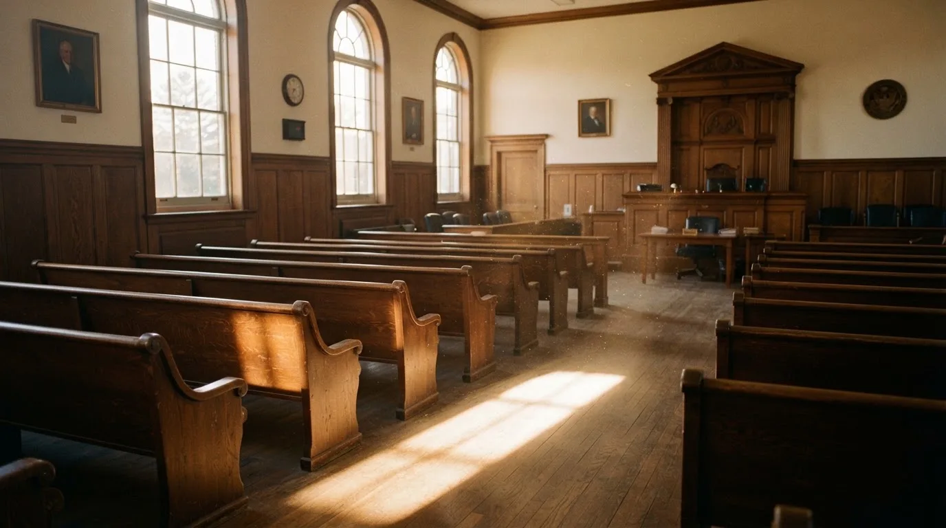 An empty courtroom with wooden benches in morning light