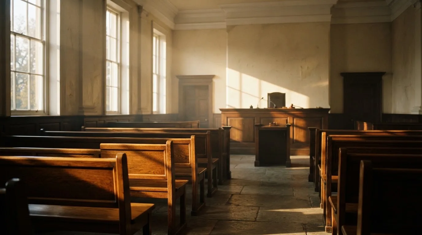 An empty courtroom with wooden benches in morning light