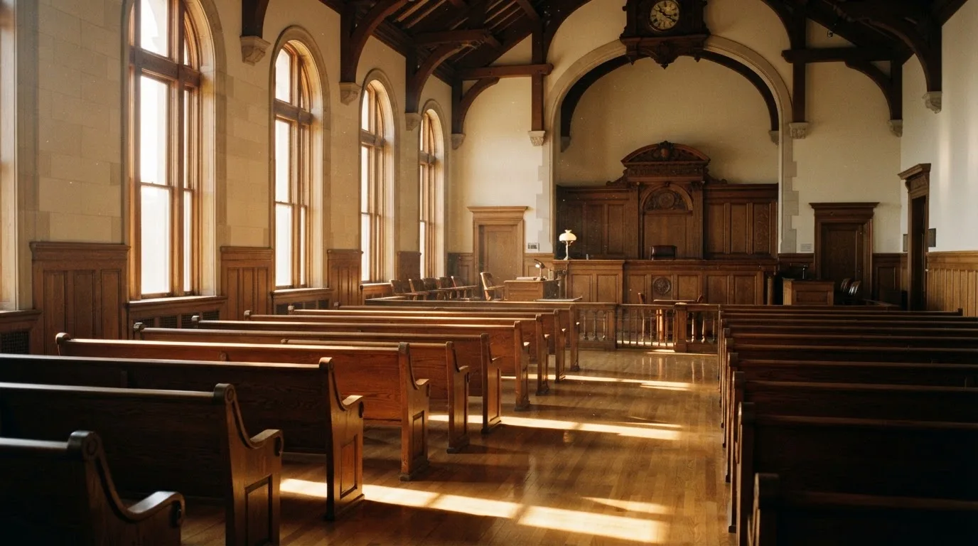 An empty courtroom with wooden benches in morning light
