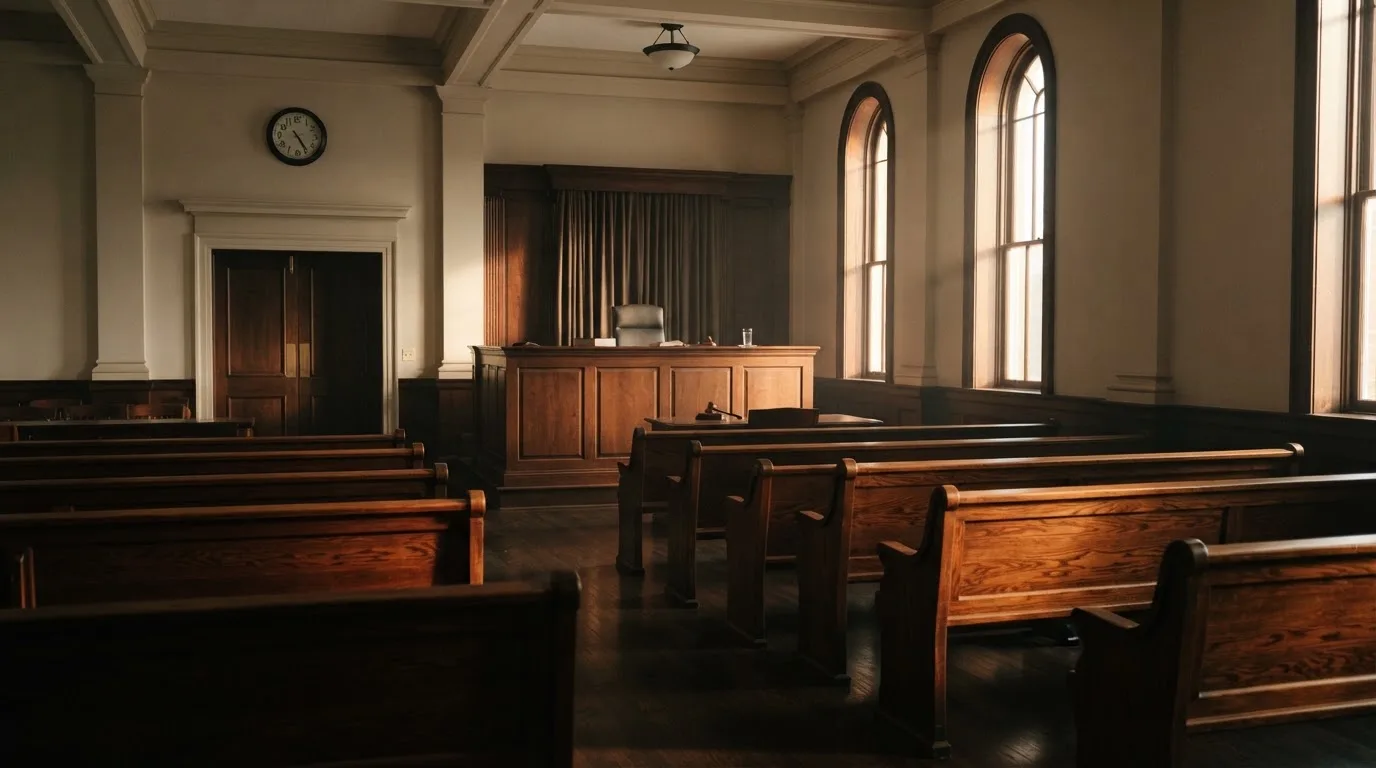 An empty courtroom with wooden benches in morning light