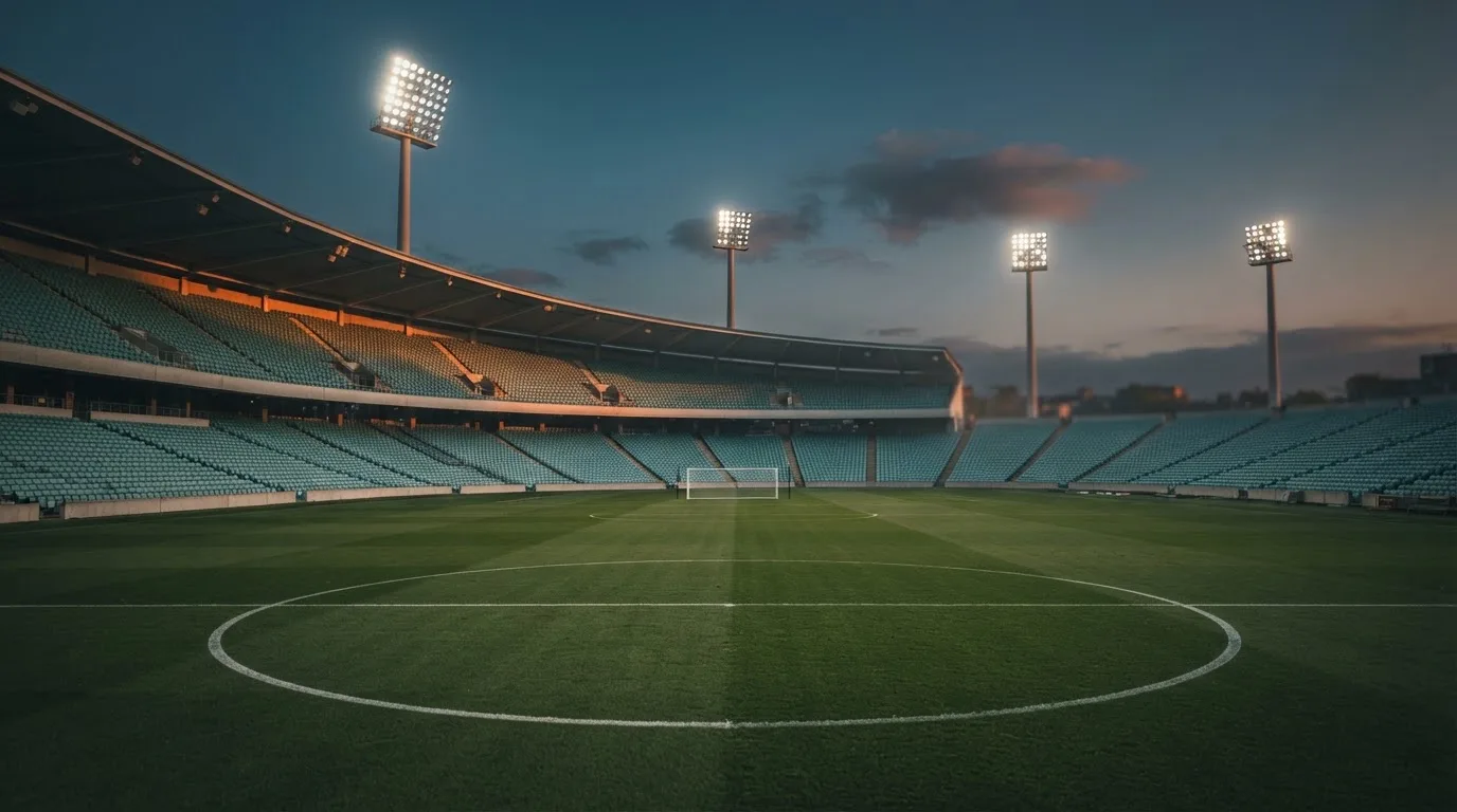An empty football stadium with floodlight masts at dusk