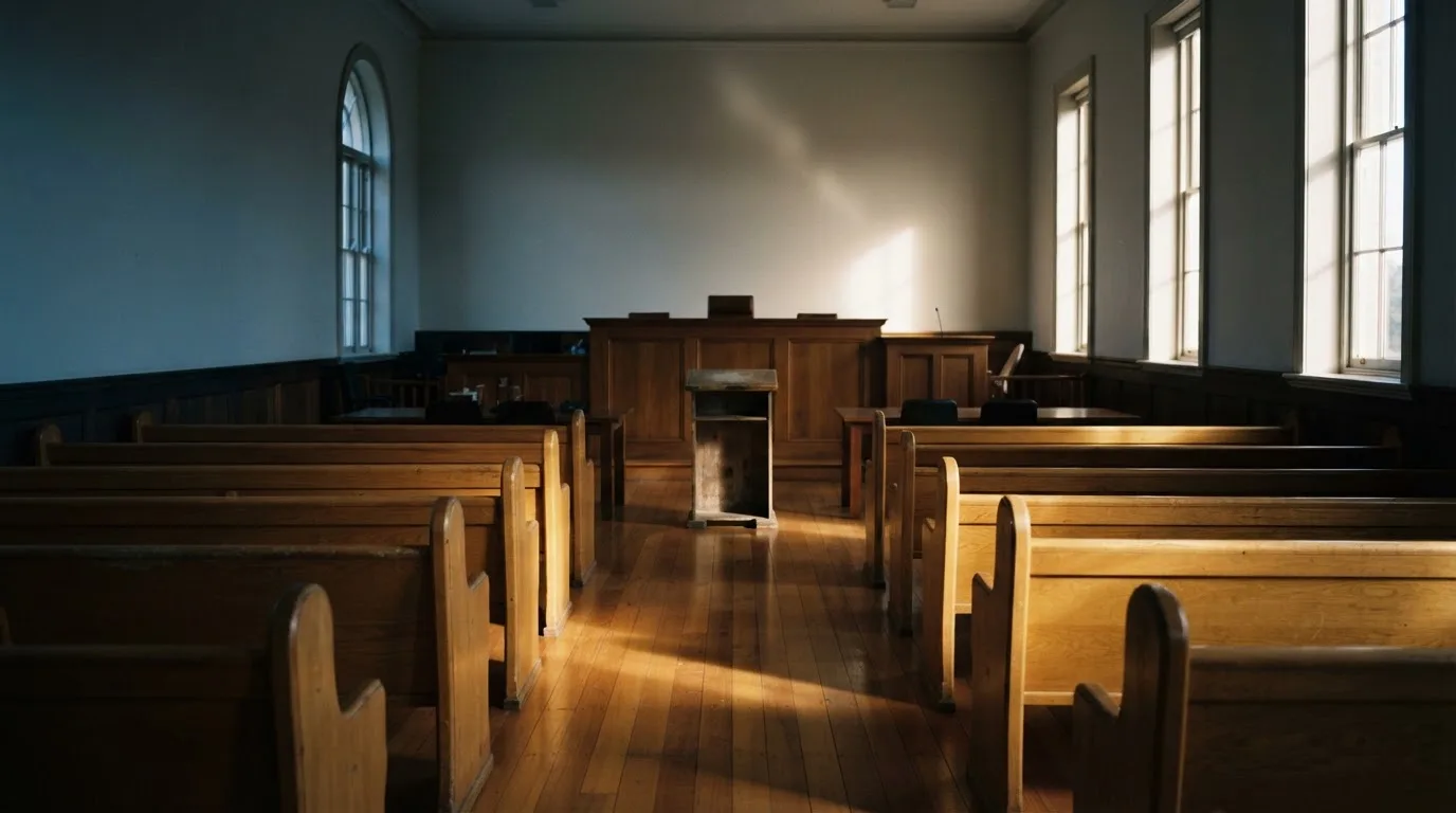 An empty courtroom with wooden benches in morning light