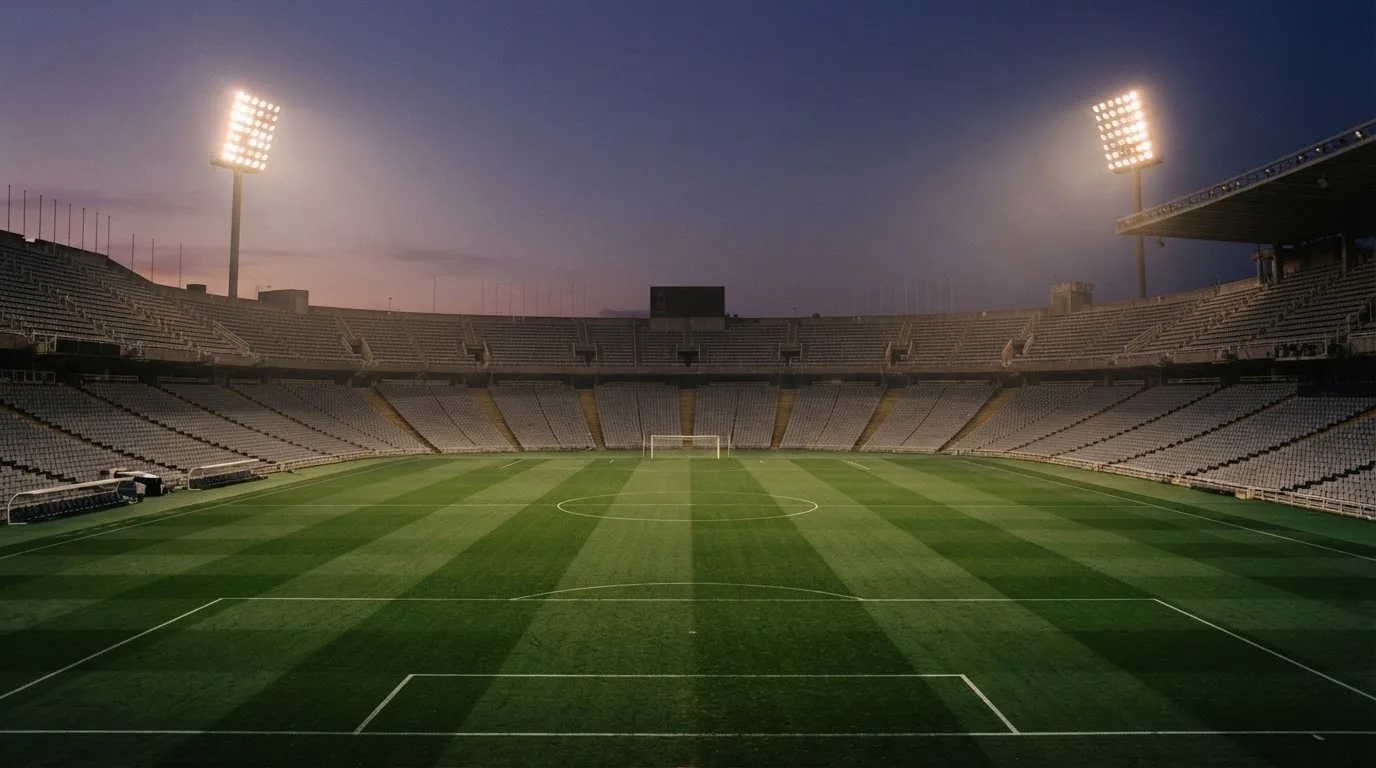 An empty football stadium with floodlight masts at dusk