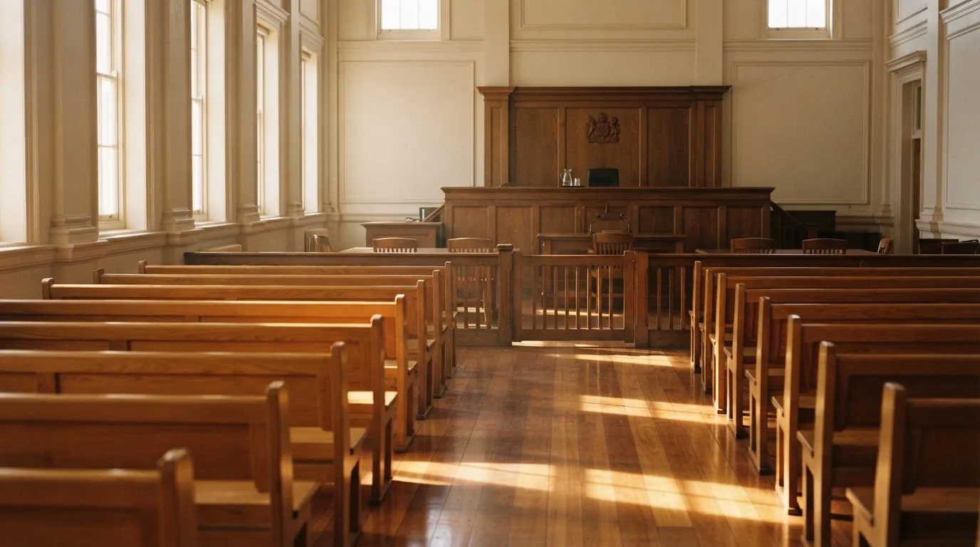 An empty courtroom with wooden benches in morning light