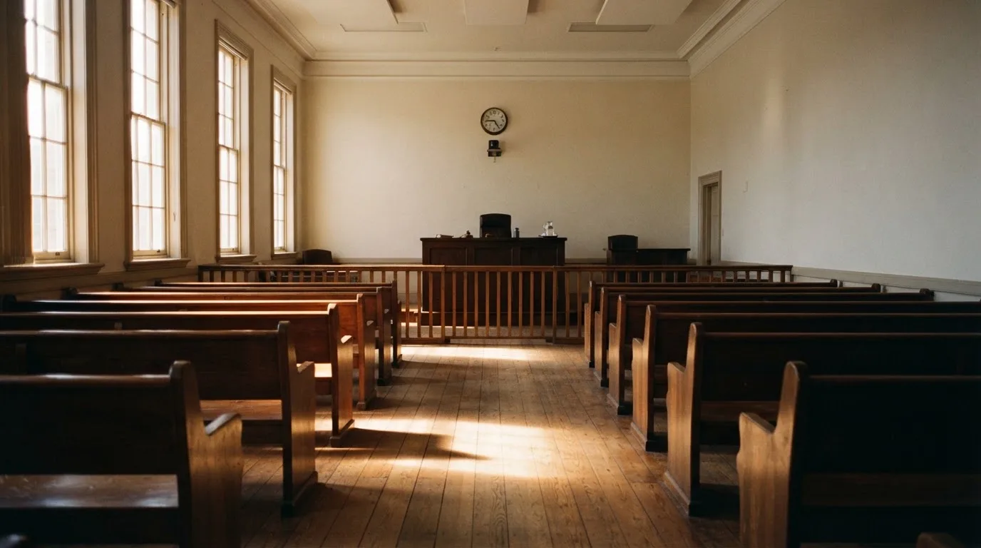An empty courtroom with wooden benches in morning light