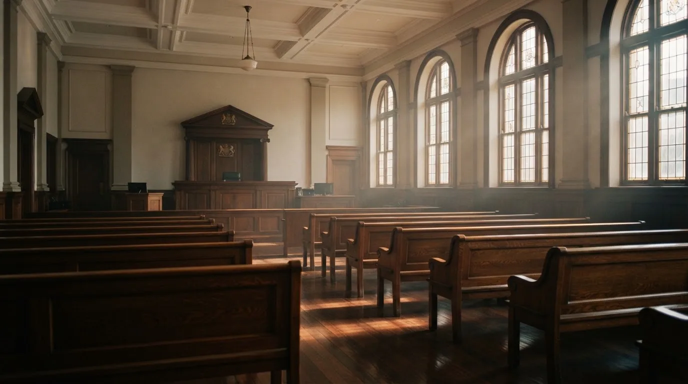 An empty courtroom with wooden benches in morning light