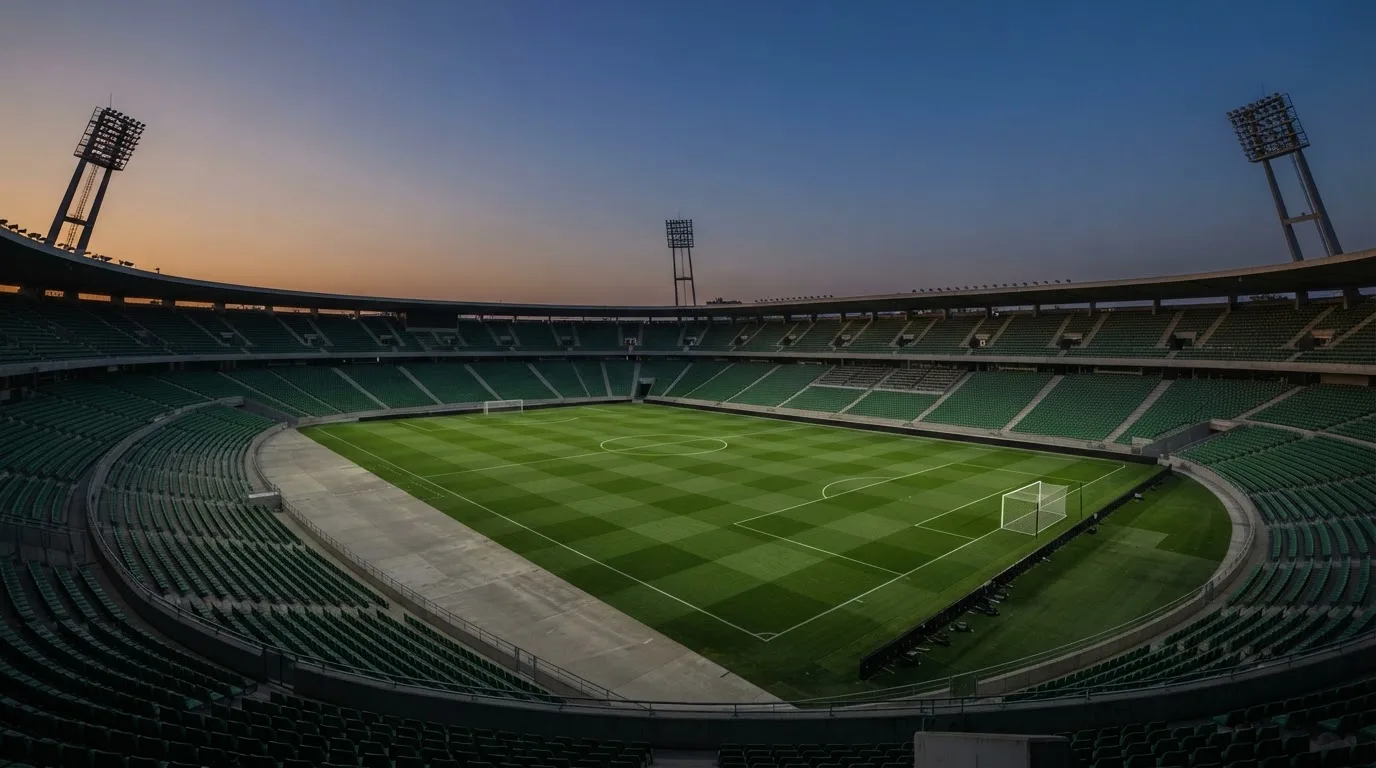 An empty football stadium with floodlight masts at dusk