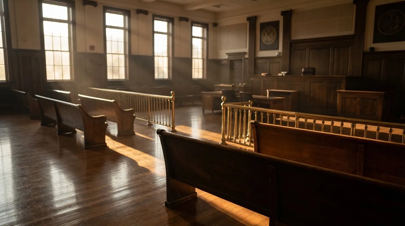 An empty courtroom with wooden benches in morning light