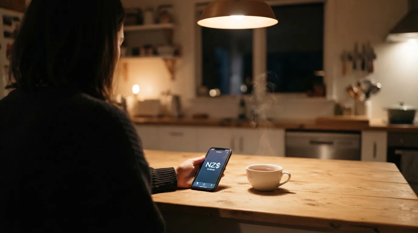 A hand setting a smartphone down beside a cup of tea on a kitchen table on a quiet evening