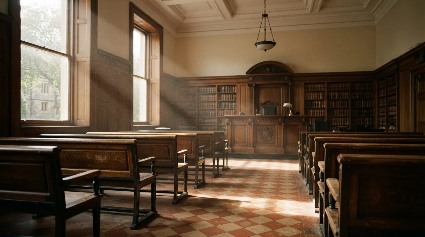 An empty courtroom with wooden benches in morning light