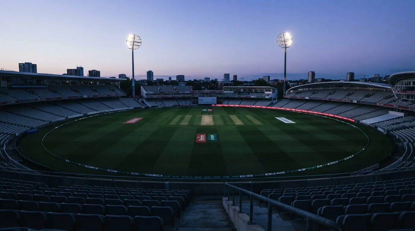 An empty football stadium with floodlight masts at dusk