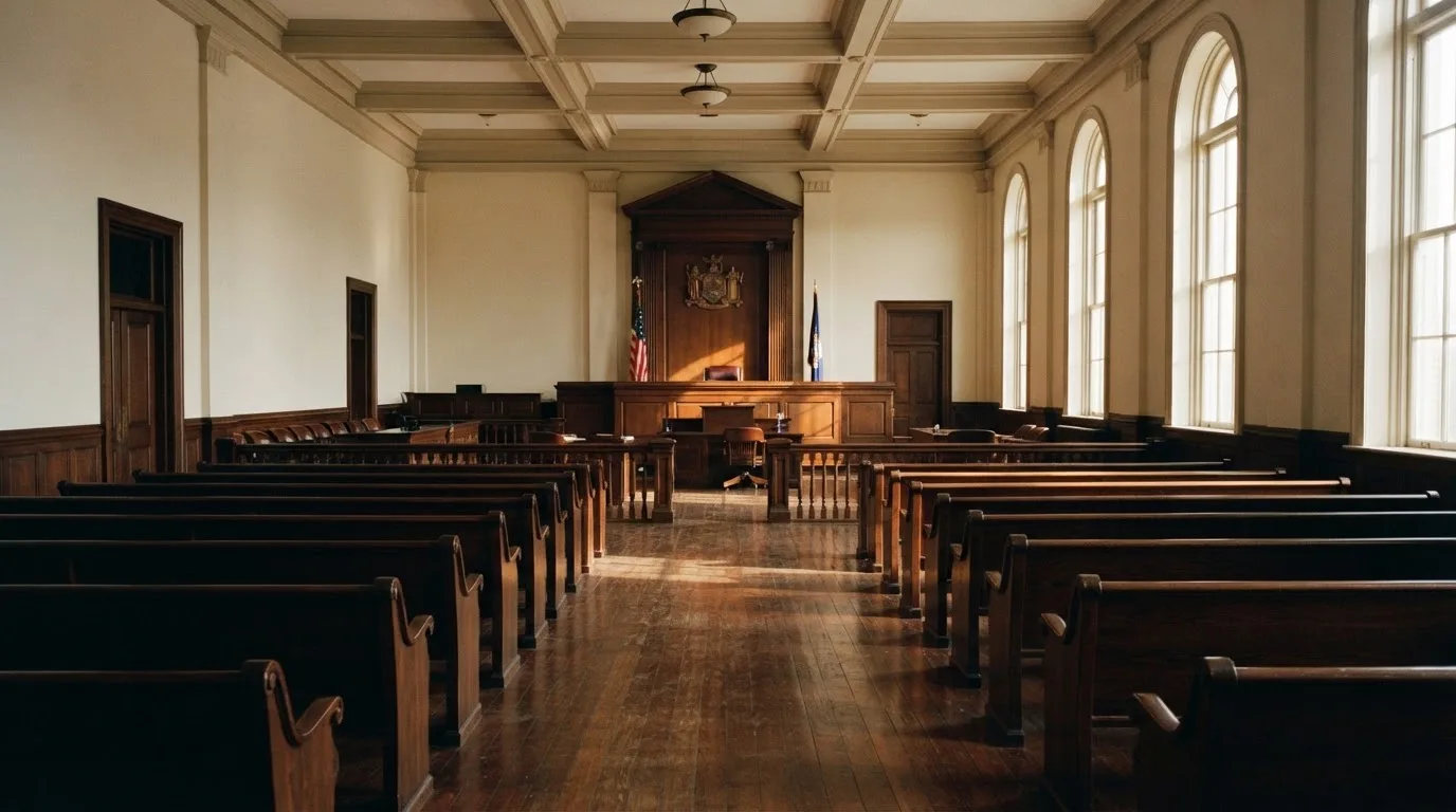 An empty courtroom with wooden benches in morning light