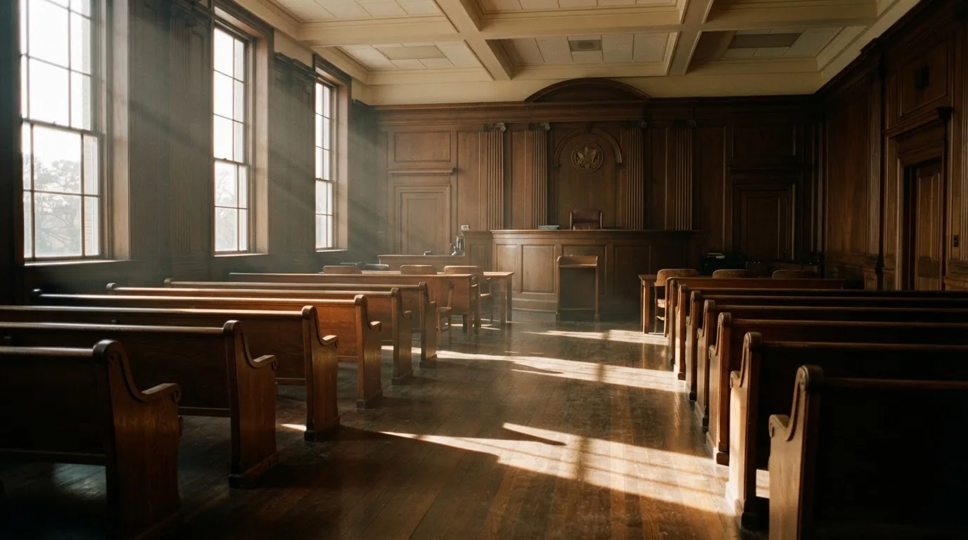 An empty courtroom with wooden benches in morning light