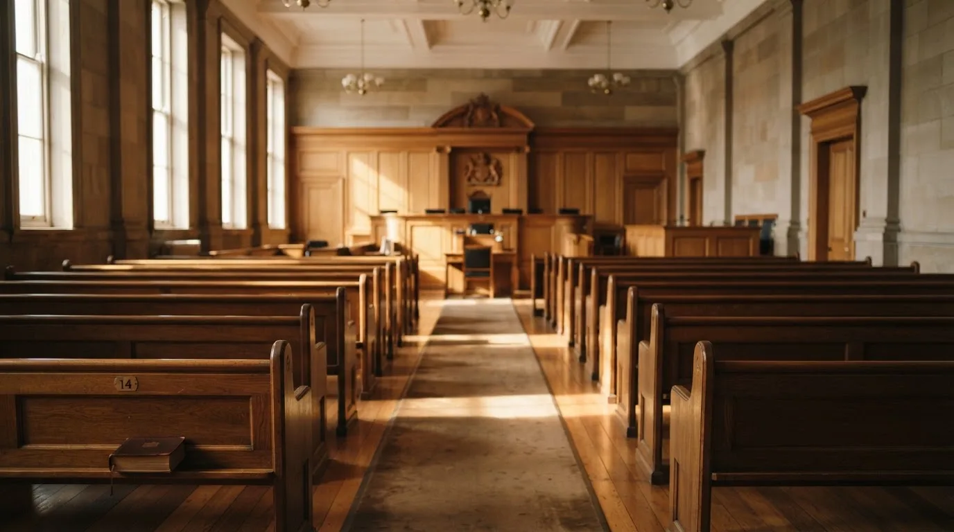An empty courtroom with wooden benches in morning light