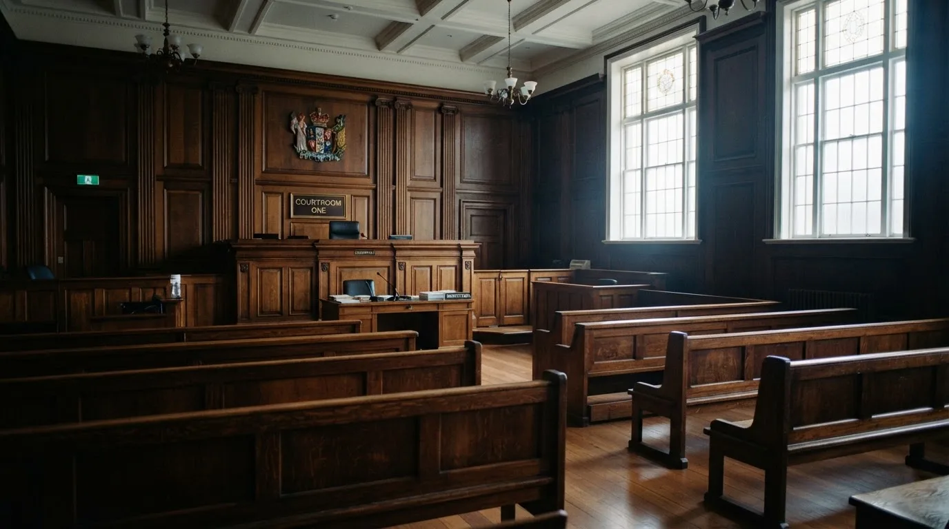 An empty courtroom with wooden benches in morning light