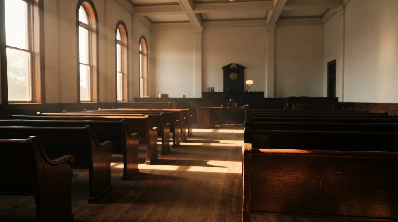 An empty courtroom with wooden benches in morning light