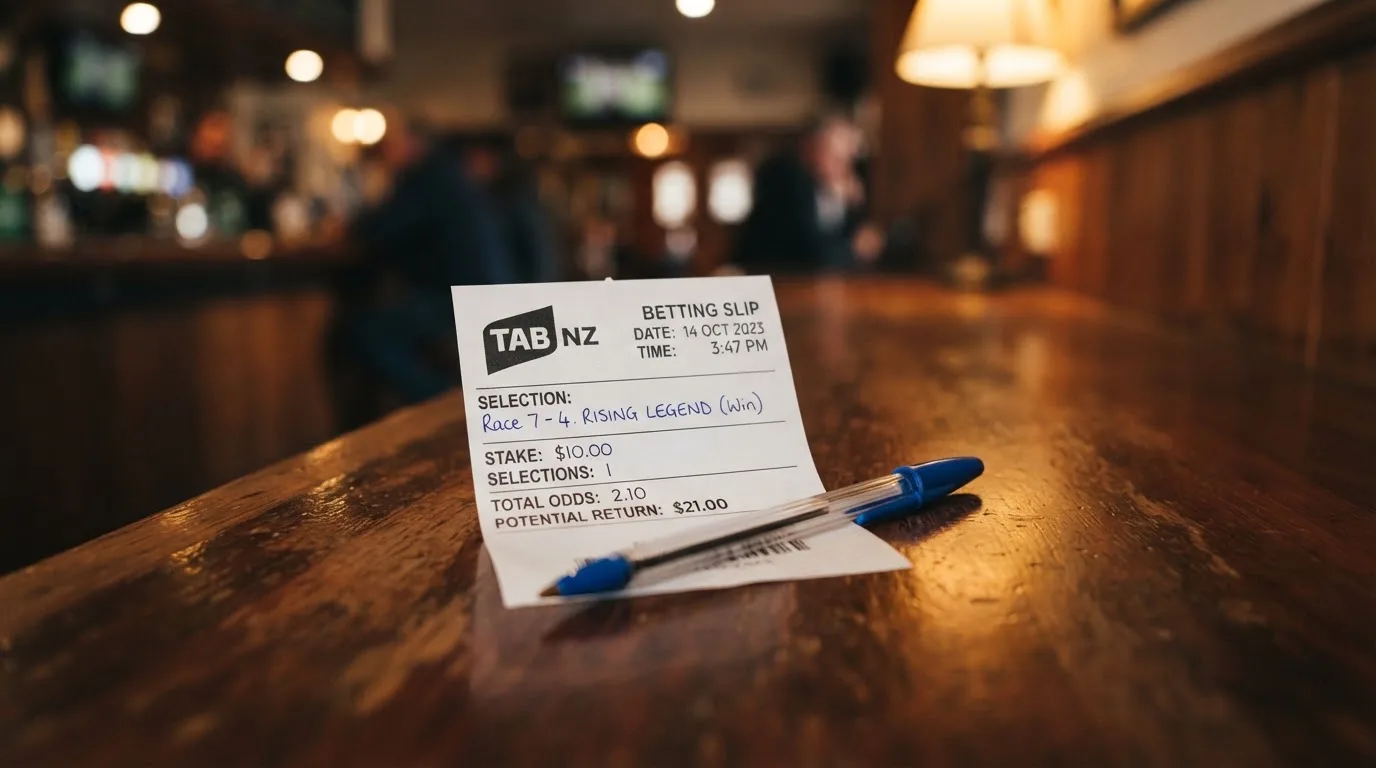 A blank paper betting slip beside a pen on a wooden counter