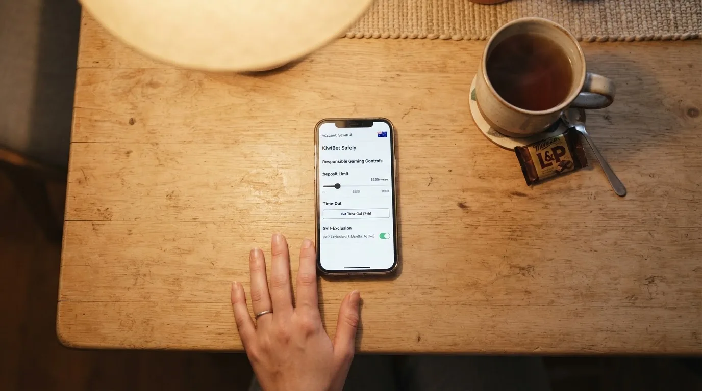A hand setting a smartphone down beside a cup of tea on a kitchen table on a quiet evening