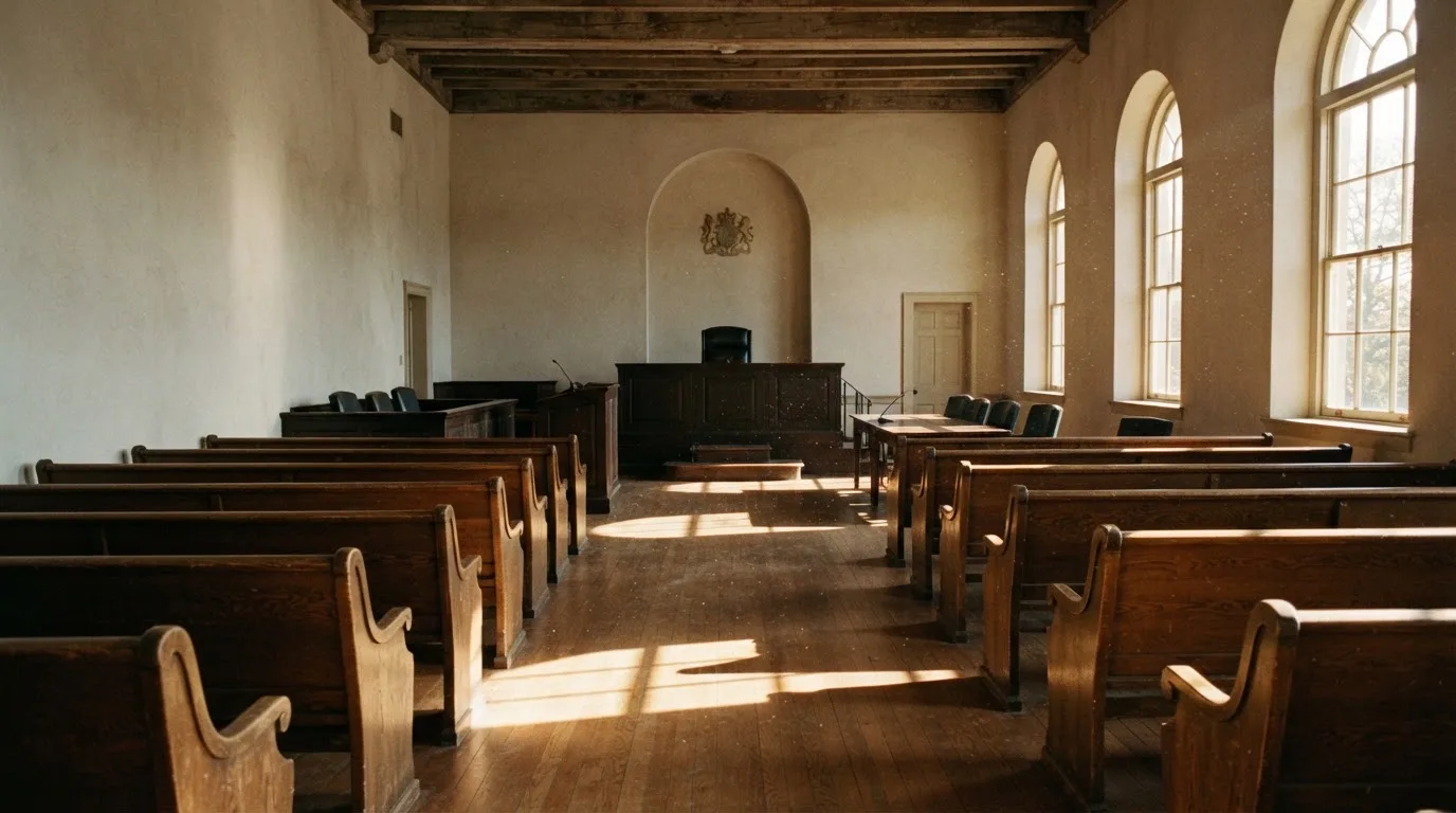 An empty courtroom with wooden benches in morning light