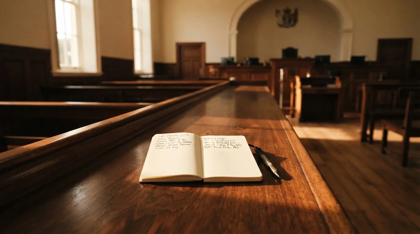 An empty courtroom with wooden benches in morning light