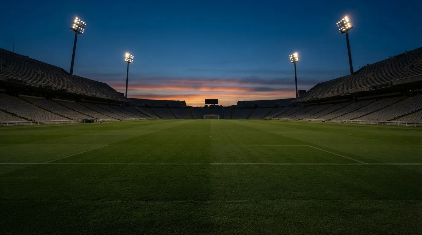 An empty football stadium with floodlight masts at dusk