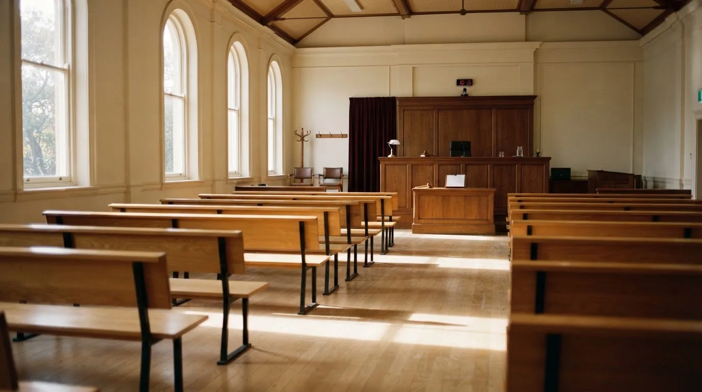 An empty courtroom with wooden benches in morning light