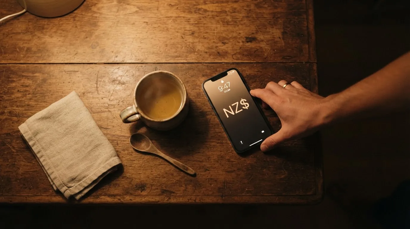 A hand setting a smartphone down beside a cup of tea on a kitchen table on a quiet evening