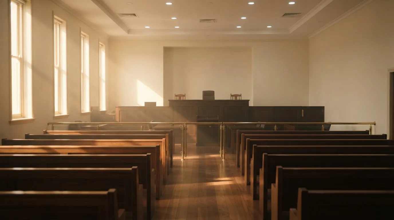 An empty courtroom with wooden benches in morning light