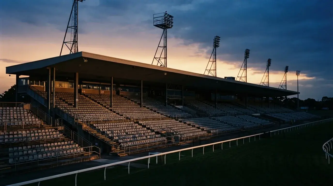 An empty football stadium with floodlight masts at dusk