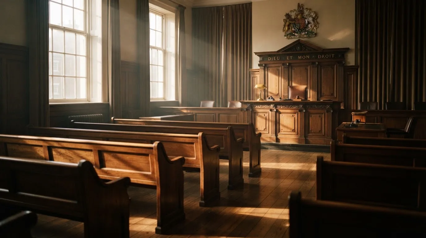An empty courtroom with wooden benches in morning light