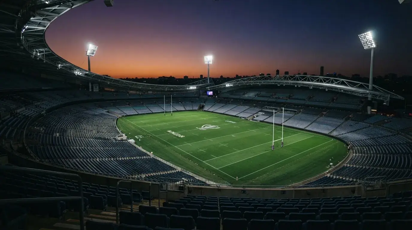 An empty football stadium with floodlight masts at dusk
