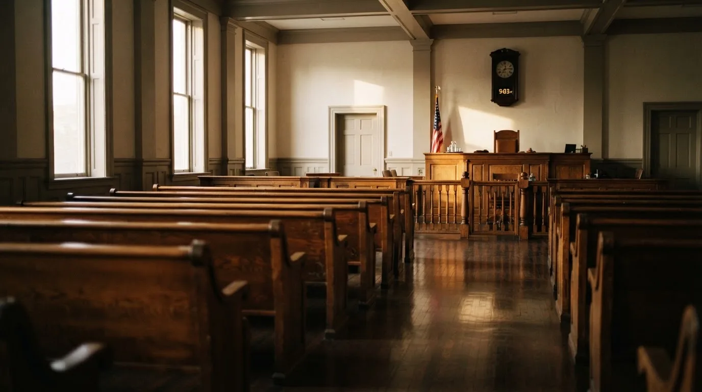 An empty courtroom with wooden benches in morning light