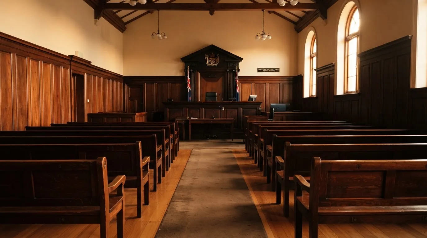 An empty courtroom with wooden benches in morning light