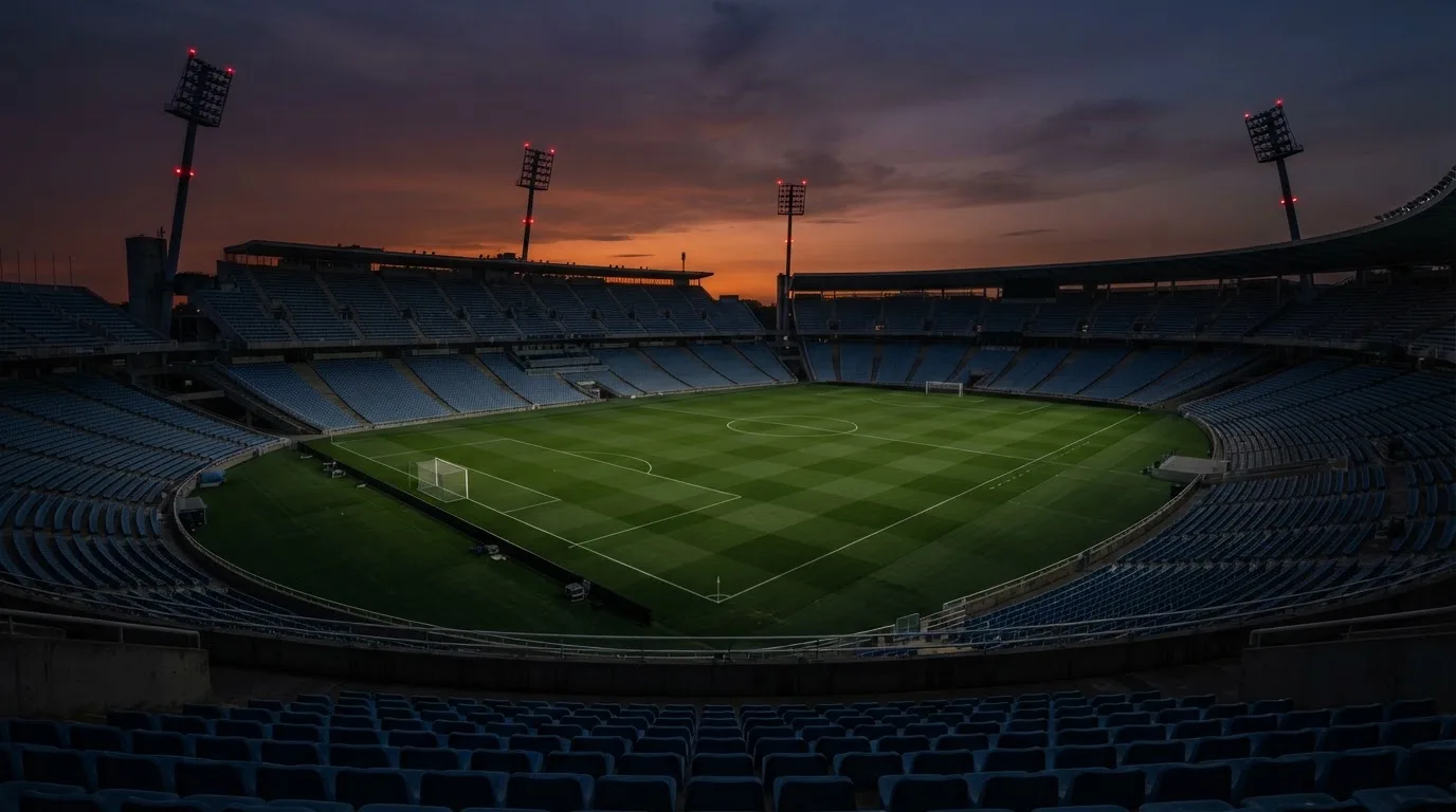 An empty football stadium with floodlight masts at dusk