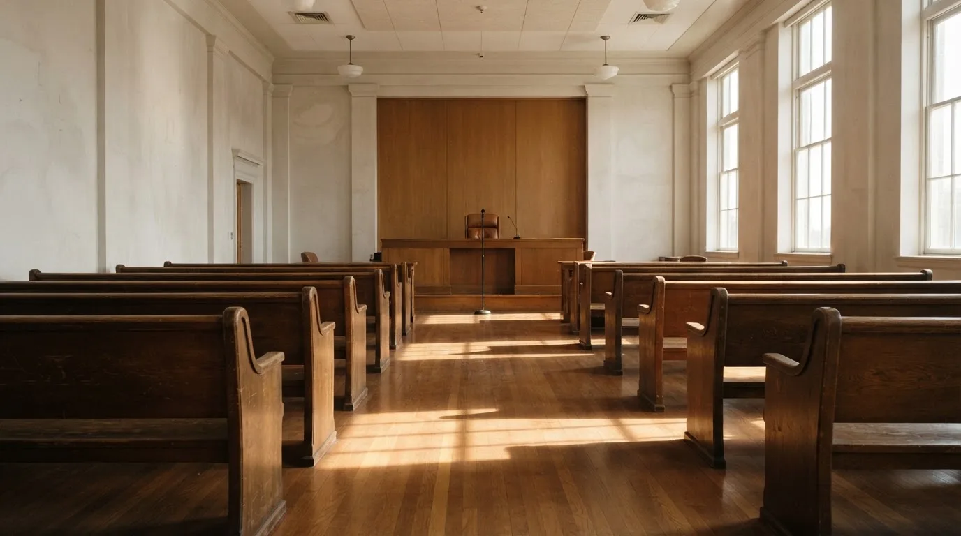 An empty courtroom with wooden benches in morning light