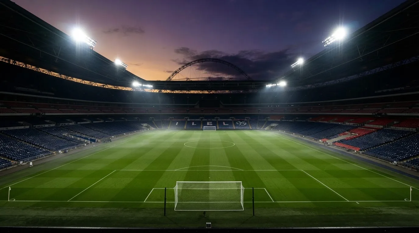 An empty football stadium with floodlight masts at dusk