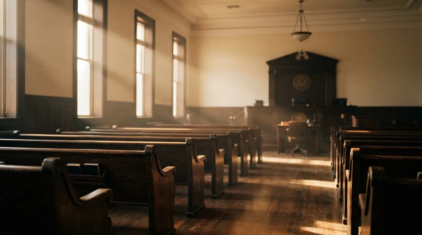 An empty courtroom with wooden benches in morning light
